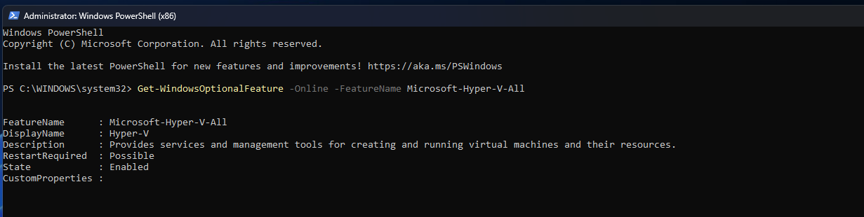 PowerShell output confirming Hyper-V feature enabled on Windows 11 Pro