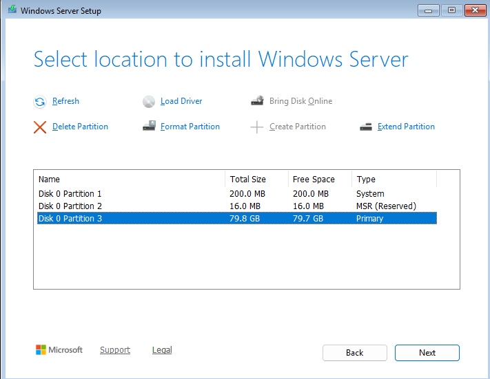 Windows Server setup showing partitions created on an 80GB disk