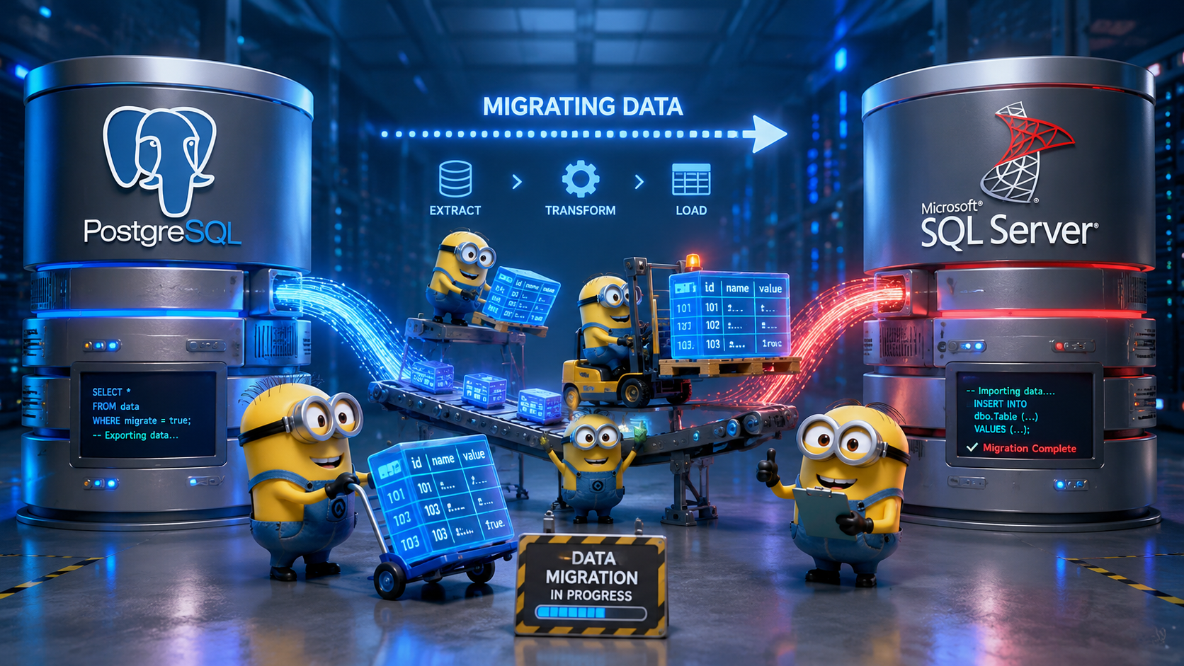 PostgreSQL to SQL Server data migration illustration